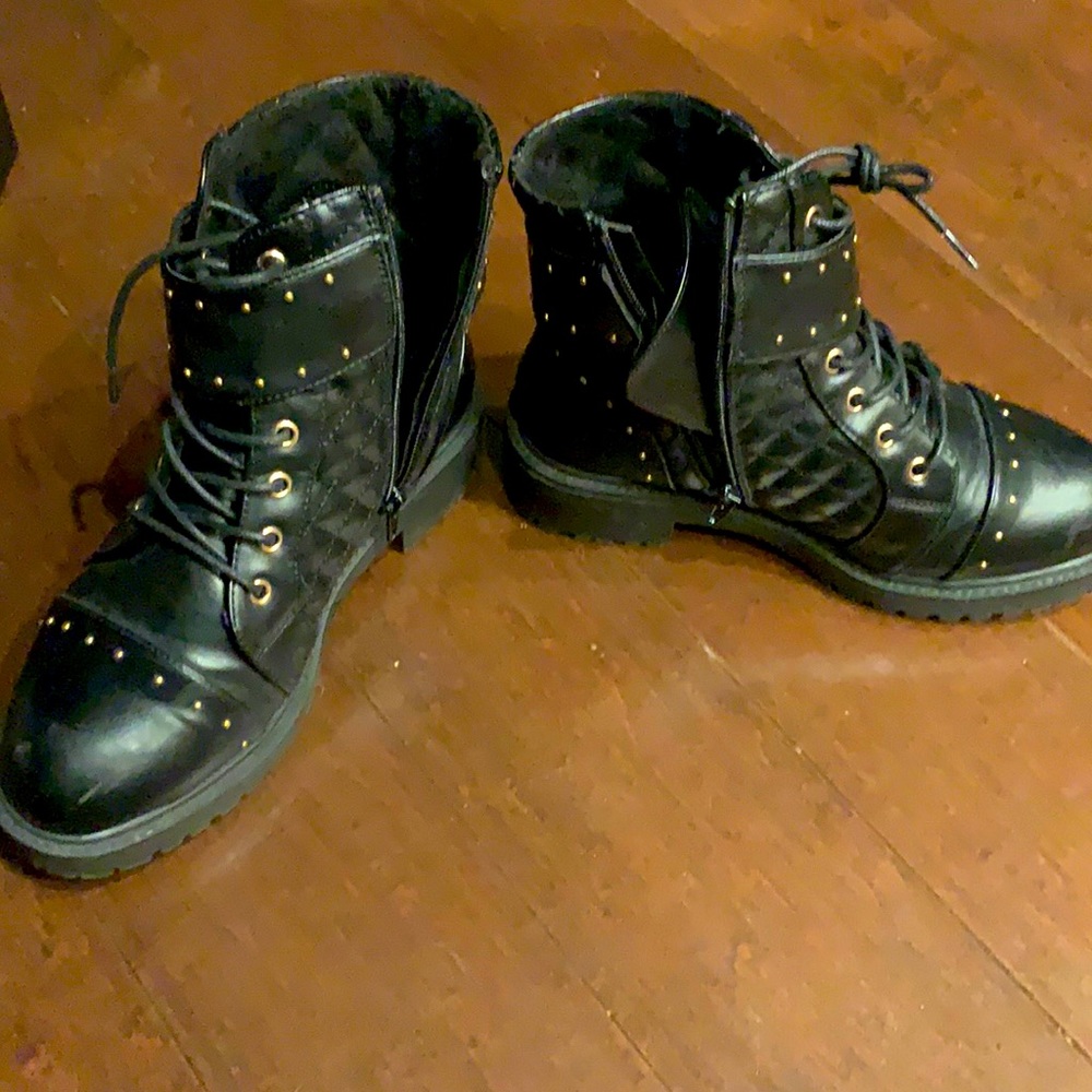 ASOS black leather boots with golden detailing